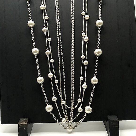 Vintage Style Multi-Strand Faux Pearl & Chain Link Necklace NWOT - Picture 8 of 15